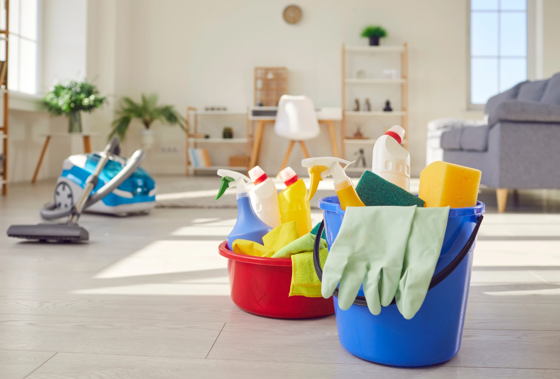 Photographie d'intérieur d'une maison moderne et impeccablement propre, montrant un salon lumineux avec murs clairs, surfaces brillantes et époussetées, mobilier élégant, sol brillant récemment nettoyé. La pièce respire la propreté, l'ordre et le bien-être, sans présence de personne. L'atmosphère doit être calme, accueillante et refléter le travail professionnel d'entretien réalisé.