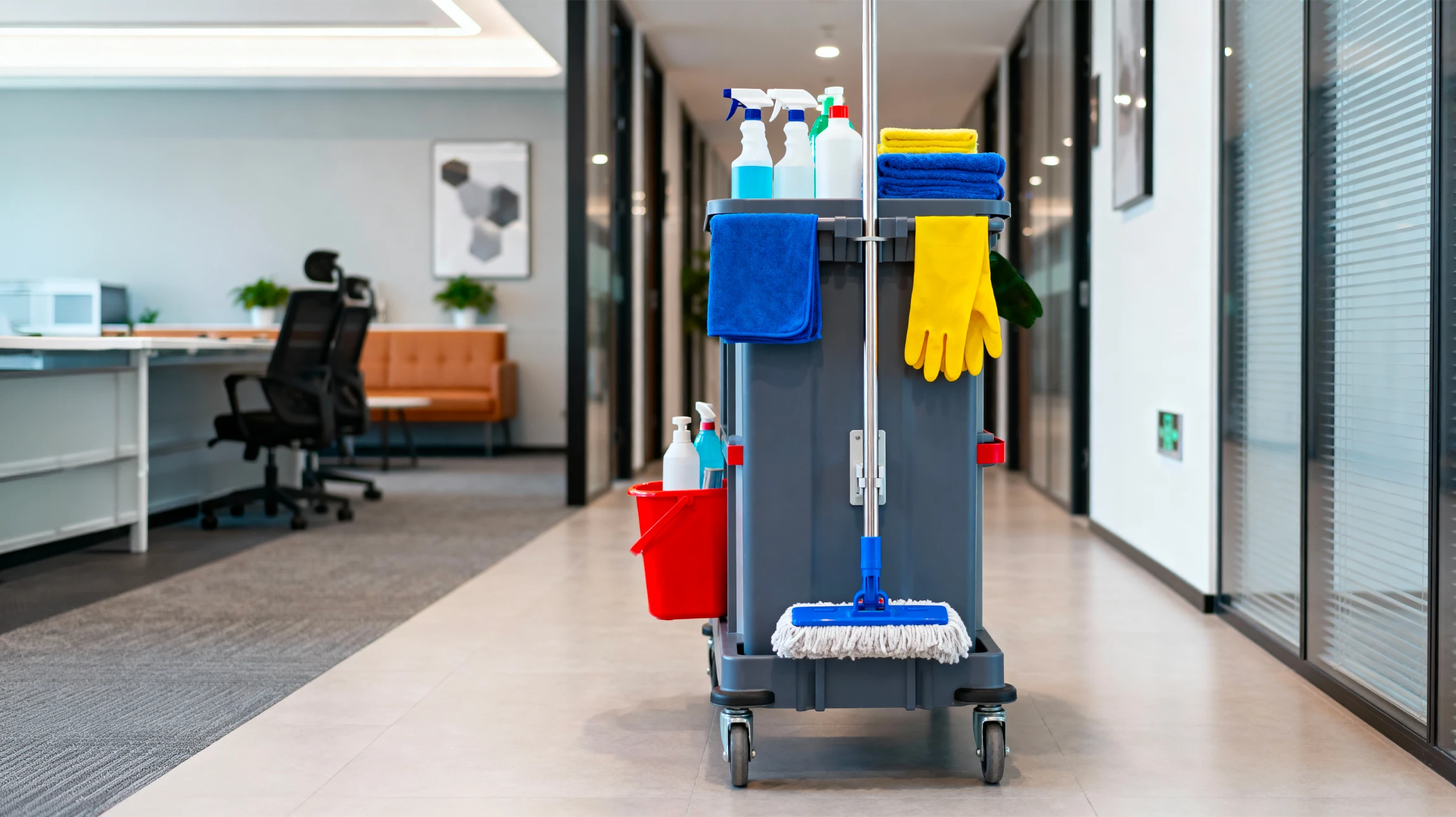Agent de nettoyage professionnel en tenue bleue désinfectant un bureau d'entreprise