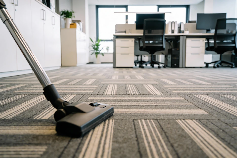 Scène d'intérieur de nettoyage professionnel avec deux personnes effectuant l'entretien d'un bureau moderne